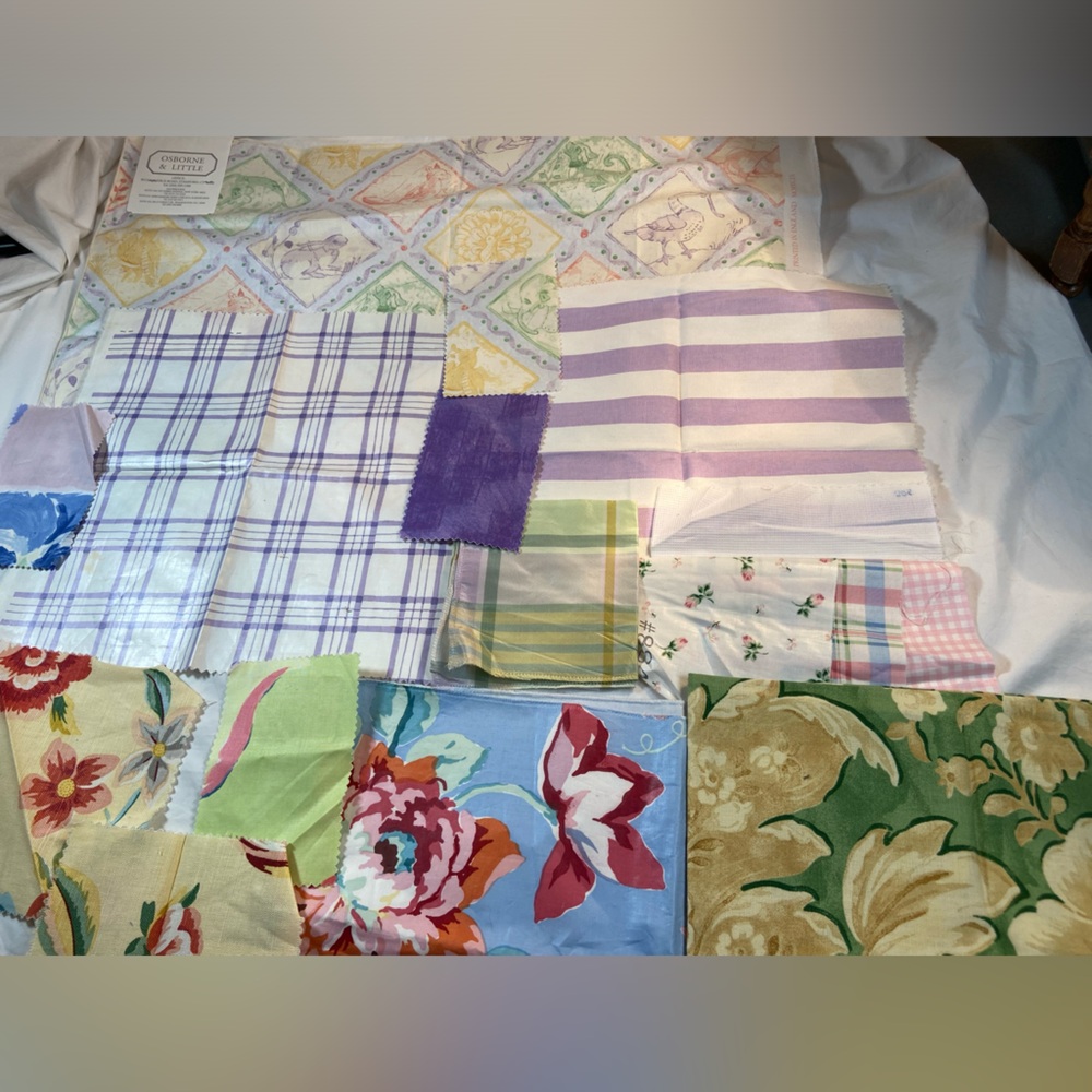 Assorted upholstery Fabric samples Florals Animals Stripes